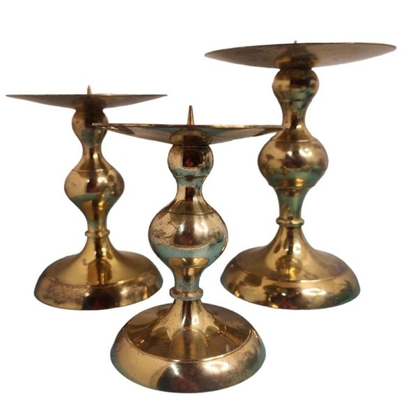 3 Vintage Pillar Brass Candle Holders Embossed Graduated Set Large Ornate - Picture 1 of 12